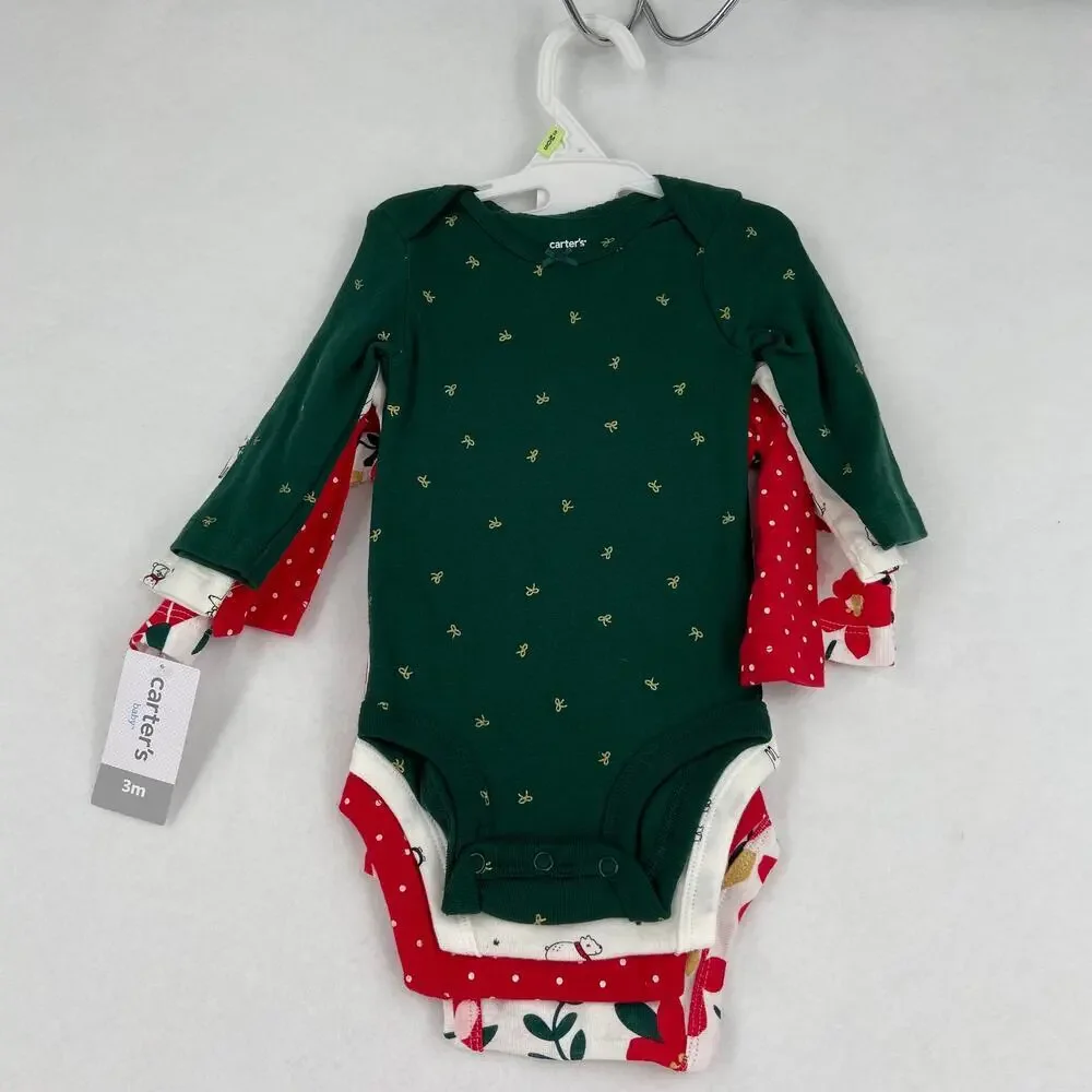 Carter's Bodysuits Long Sleeve Tops Set of 4 Snap Bottom Red Green Baby 3 Months